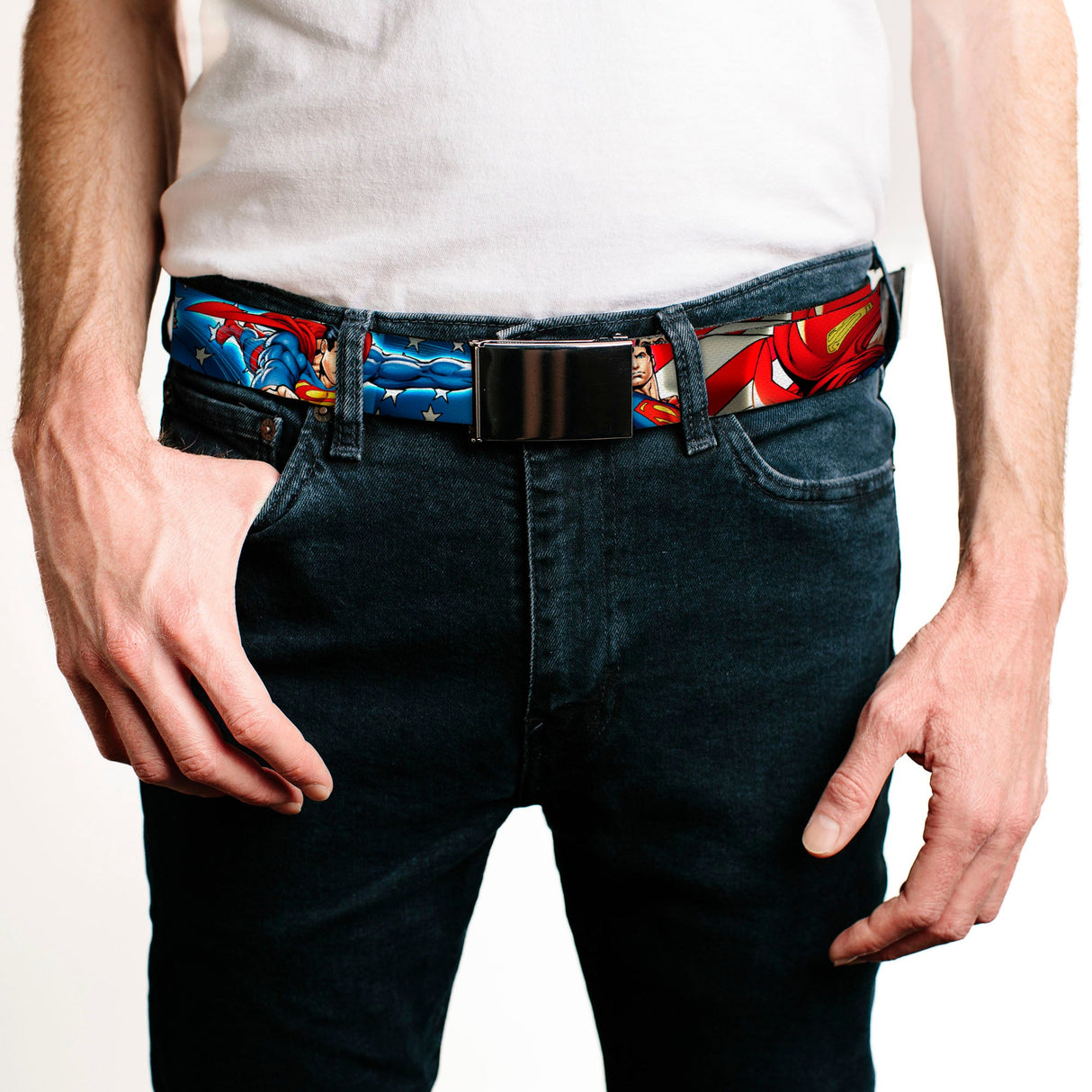 Chrome Buckle Web Belt - Superman Action Poses/Stars & Stripes Webbing