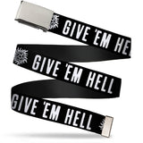 Chrome Buckle Web Belt - Winchester Pentagram GIVE 'EM HELL Black/White Webbing