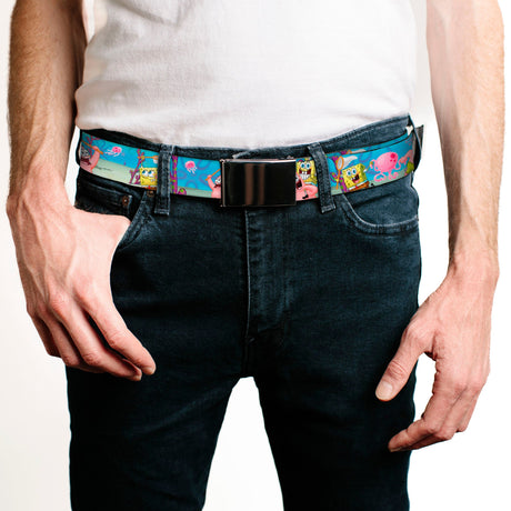 Chrome Buckle Web Belt - SpongeBob & Patrick Starfish Jellyfishing Scenes Webbing