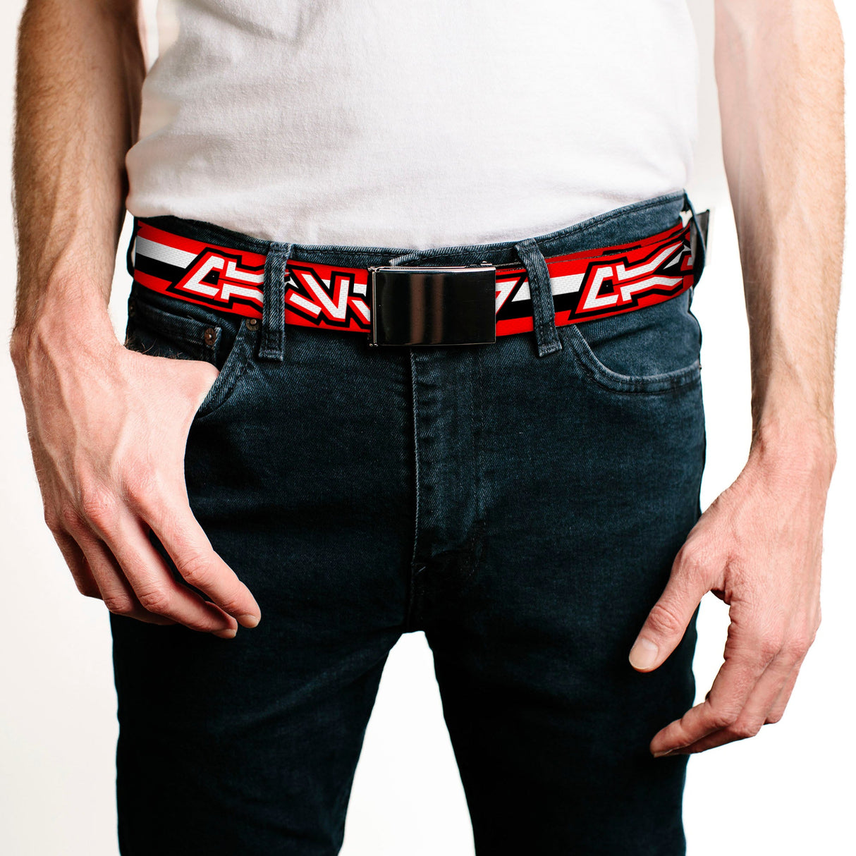 Chrome Buckle Web Belt - Star Wars Darth Vader Aurebesh MASTER Stripe Red/White/Black Webbing