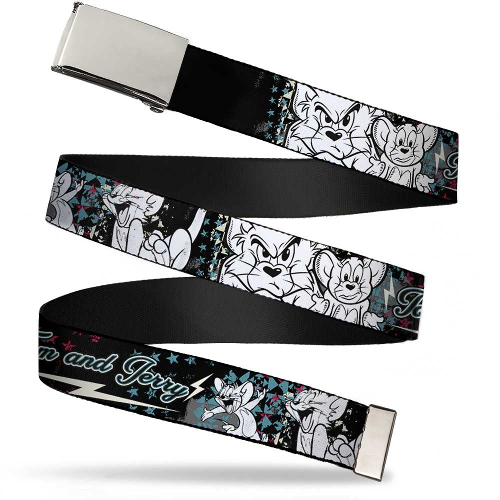 Chrome Buckle Web Belt - TOM & JERRY Face & Pose Sketch Black/White/Red/Blue Webbing