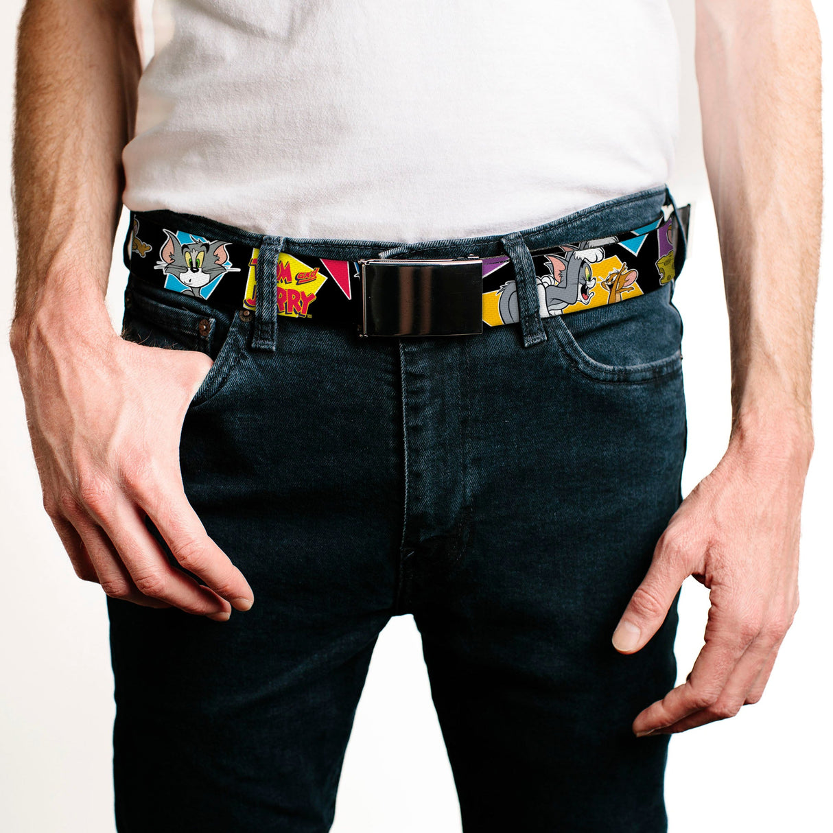 Chrome Buckle Web Belt - TOM & JERRY Poses Black/Multi Color Webbing