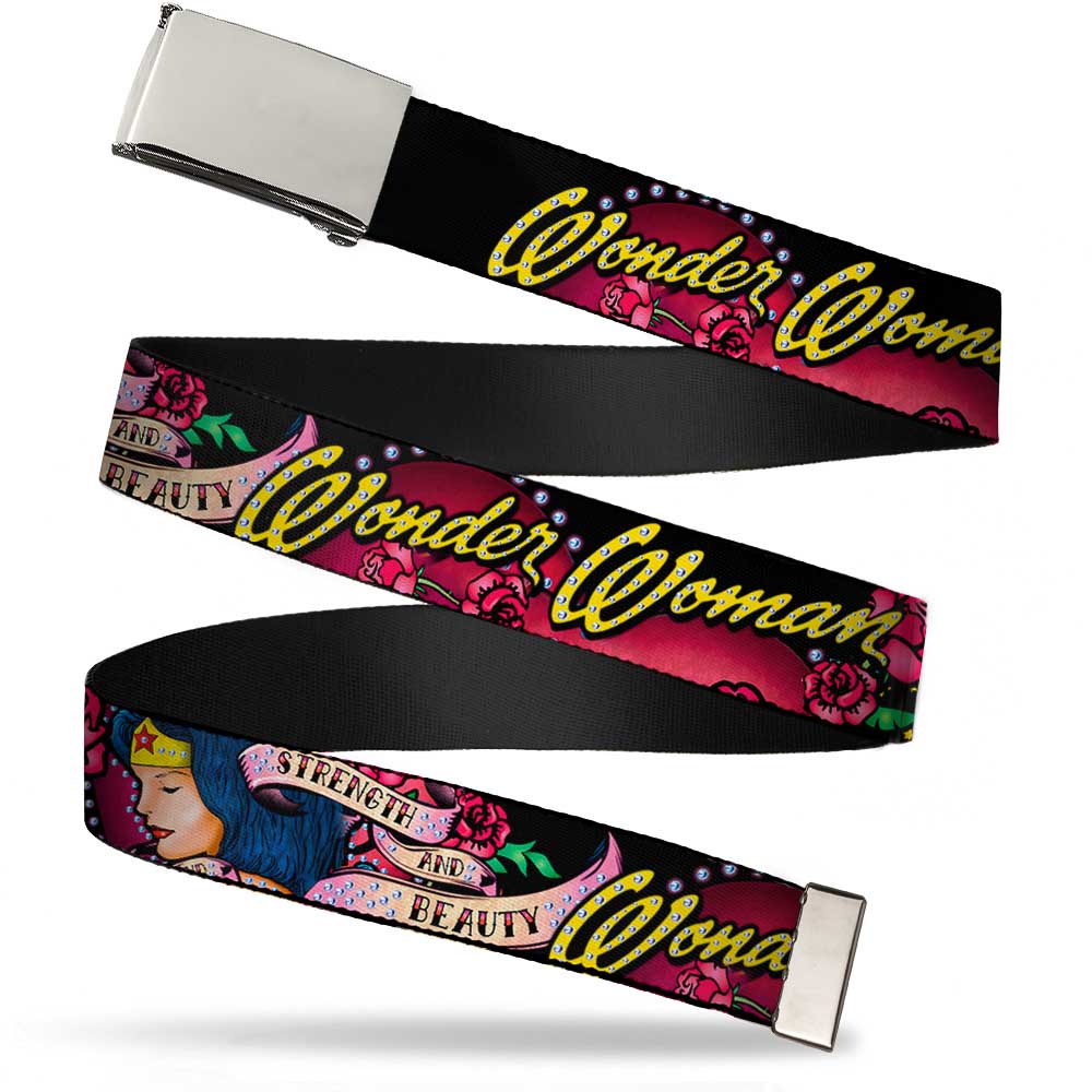 Chrome Buckle Web Belt - WONDER WOMAN/Roses STRENGTH AND BEAUTY Black-Pink Fade Webbing