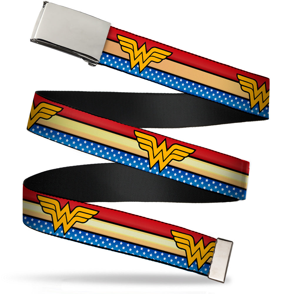 Web Belt Blank Chrome Buckle - Wonder Woman Logo Stripe/Stars Red/Gold/Blue/White Webbing