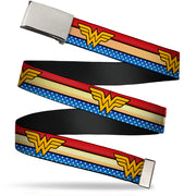 Web Belt Blank Chrome Buckle - Wonder Woman Logo Stripe/Stars Red/Gold/Blue/White Webbing