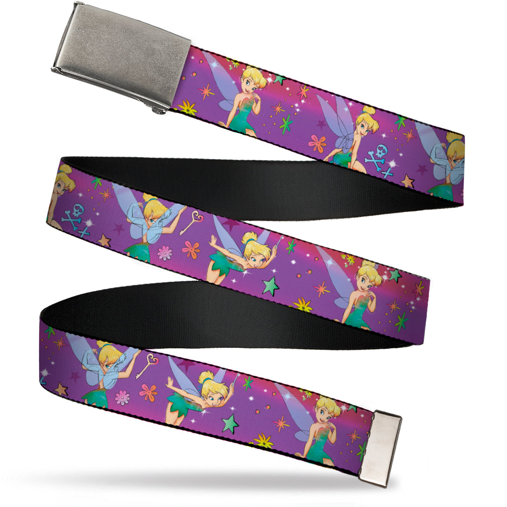 Web Belt Blank Matte Buckle - Tinker Bell Poses/Flowers/Stars/Skull Purple Webbing