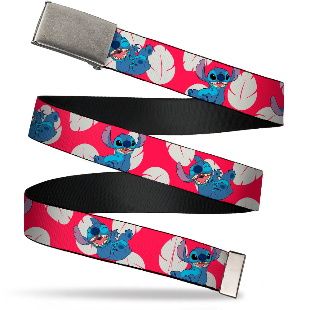 Web Belt Blank Matte Buckle - Lilo & Stitch Stitch 4-Poses/Lilo Dress Leaves Red/Ivory Webbing