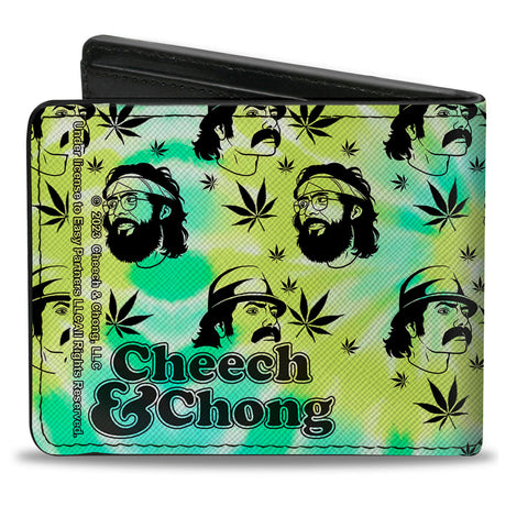 Bi-Fold Wallet - CHEECH & CHONG Caricature Faces/Pot Leaves Scattered Tie Dye Greens/Black