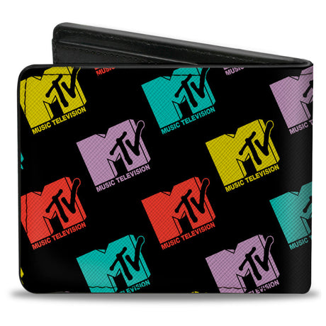 Bi-Fold Wallet - MTV Music Television Logo Monogram Black/Multi Color