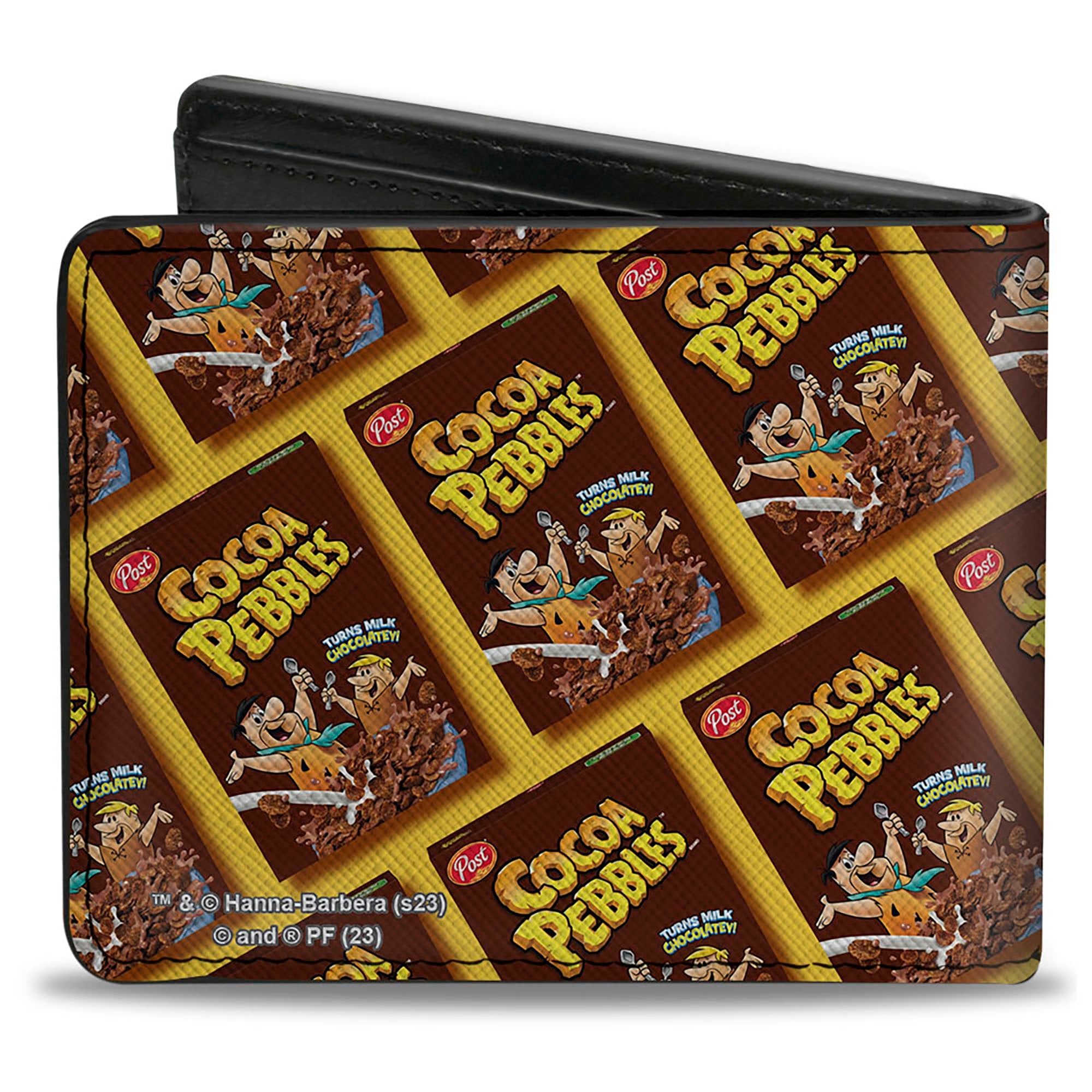 Bi-Fold Wallet - COCOA PEBBLES Fred Flintstone and Barney Rubble Cereal Box Repeat Yellow/Brown