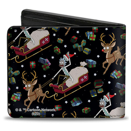 Bi-Fold Wallet - Rick and Morty Holiday Santa Rick Reindeer Sled Pose and Packages Collage Black