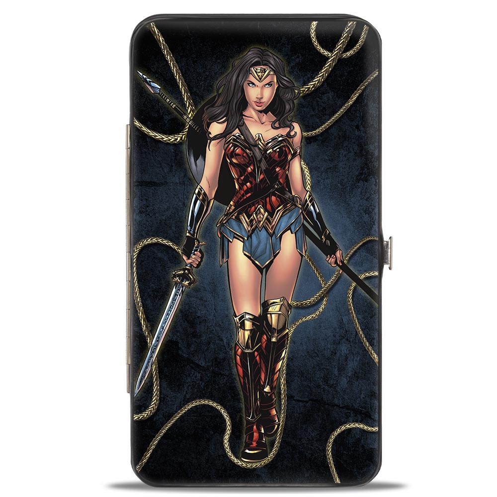 Hinged Wallet - Wonder Woman 2017 Standing Swords Pose + Icon/Lasso of Truth Blues/Golds