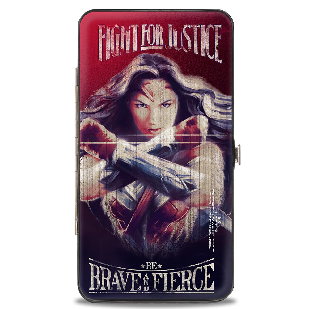 Hinged Wallet - Wonder Woman Deflection Pose FIGHT FOR JUSTICE-BE BRAVE AND FIERCE Weathered Reds/Blues