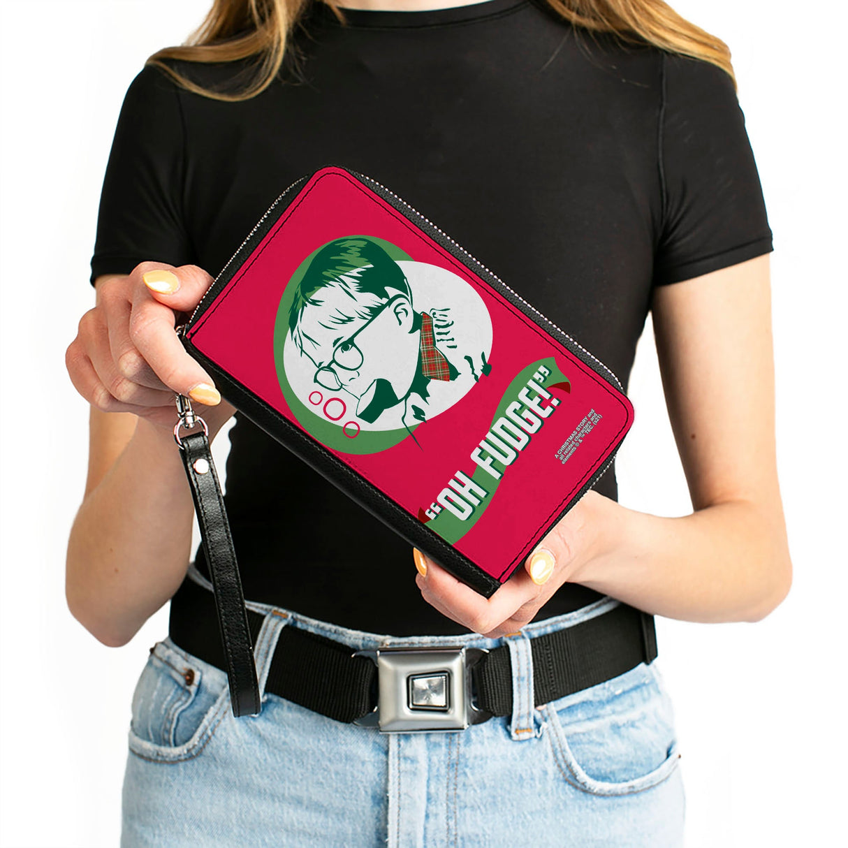 Women's PU Zip Around Wallet Rectangle - A Christmas Story Ralphie OH FUDGE! Soap Pose Red Greens White