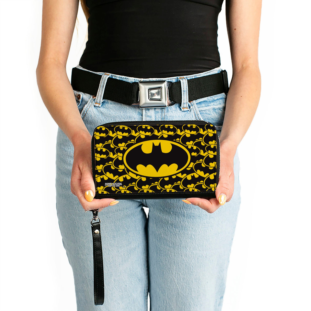 Women's PU Zip Around Wallet Rectangle - Bat Signal Centered Stacked Yellow Black