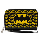 Women's PU Zip Around Wallet Rectangle - Bat Signal Centered Stacked Yellow Black