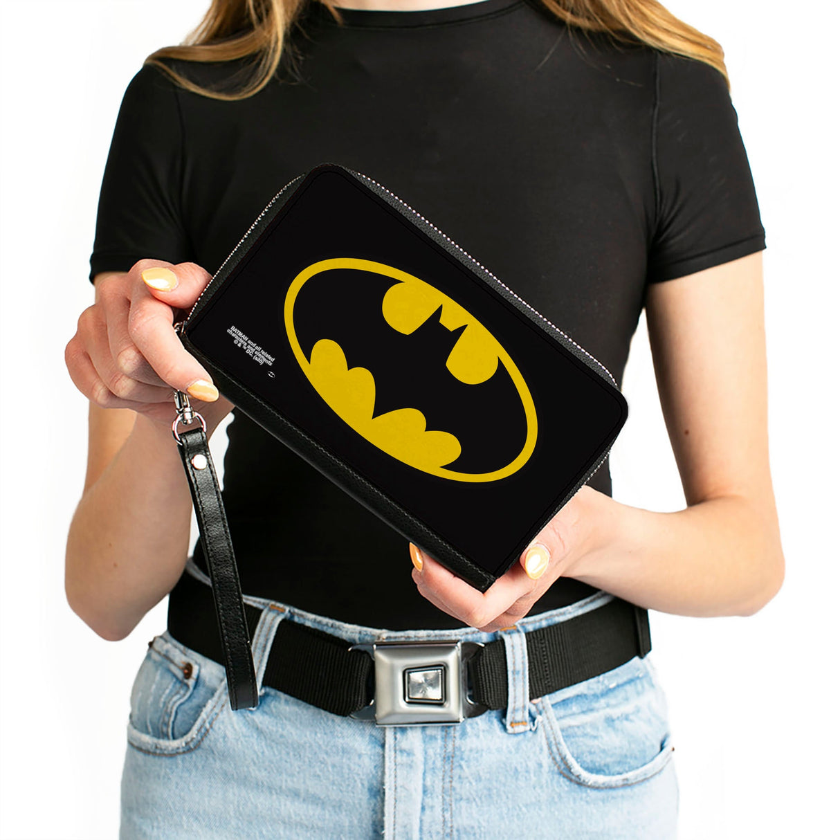 Women's PU Zip Around Wallet Rectangle - Batman Bat Logo Black Yellow