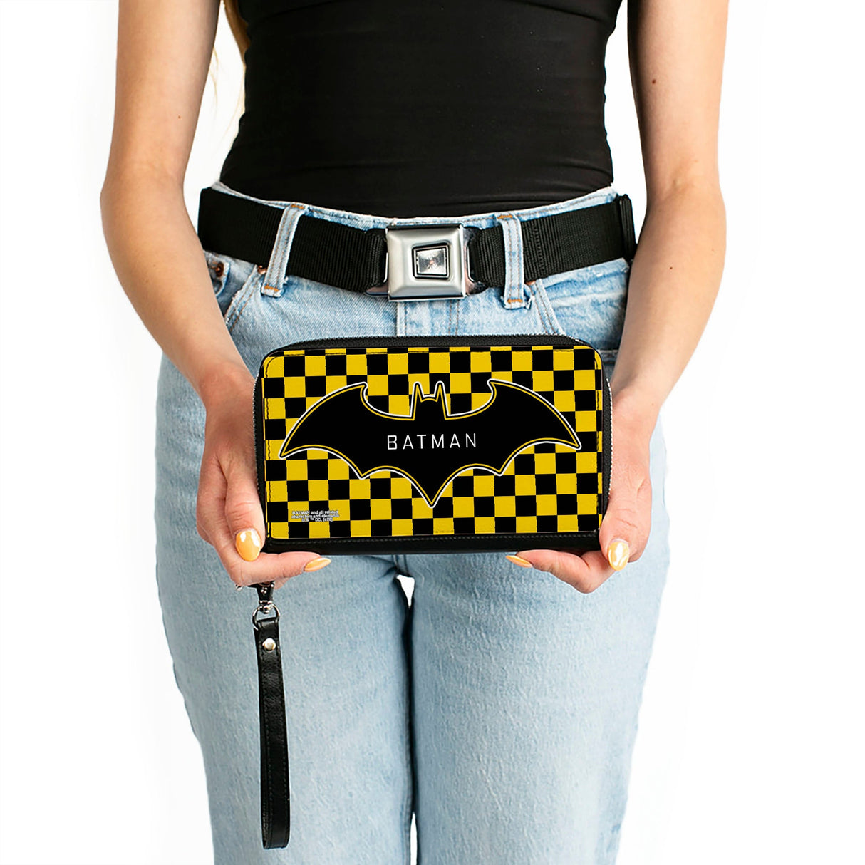 Women's PU Zip Around Wallet Rectangle - BATMAN Bat Logo Close-Up Checker Yellow Black