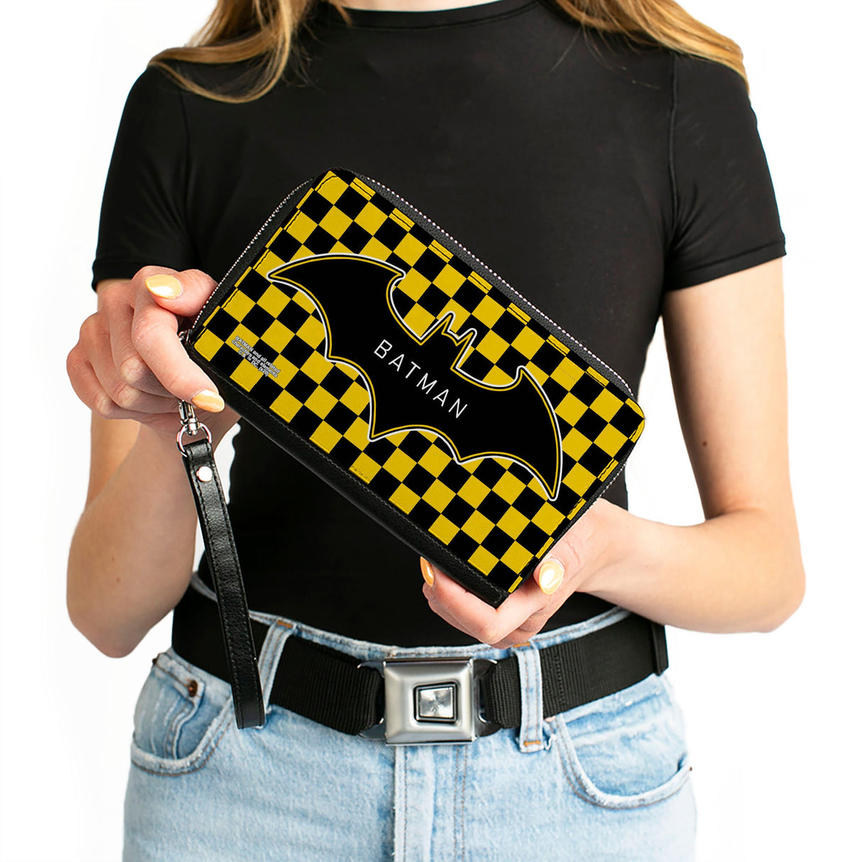 Women's PU Zip Around Wallet Rectangle - BATMAN Bat Logo Close-Up Checker Yellow Black