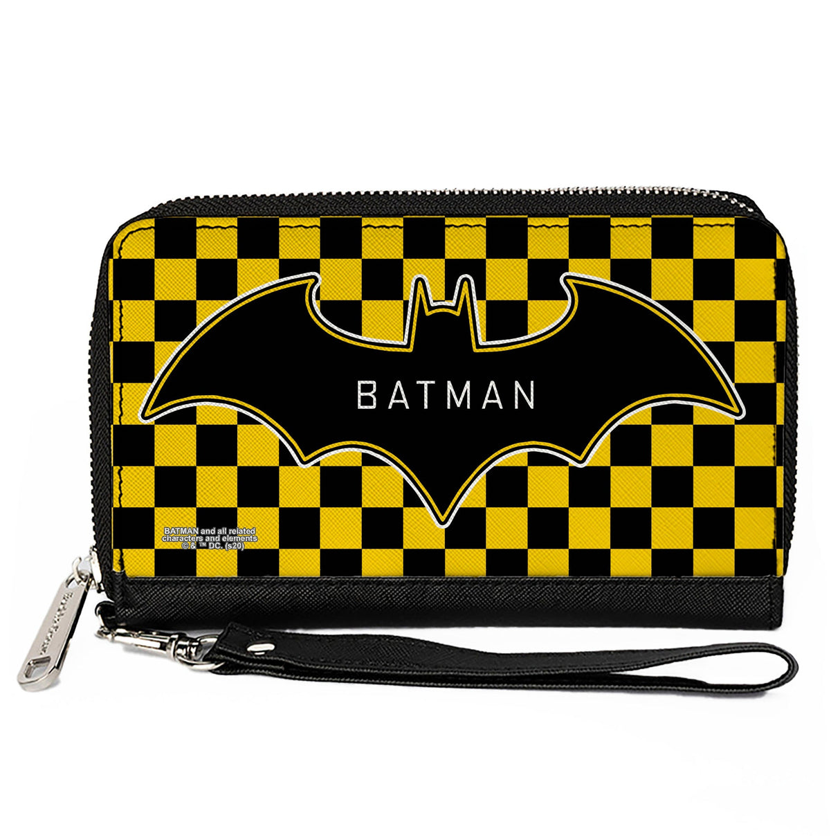 Women's PU Zip Around Wallet Rectangle - BATMAN Bat Logo Close-Up Checker Yellow Black