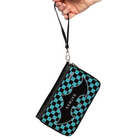 Women's PU Zip Around Wallet Rectangle - BATMAN Bat Logo Close-Up Checker Teal Black