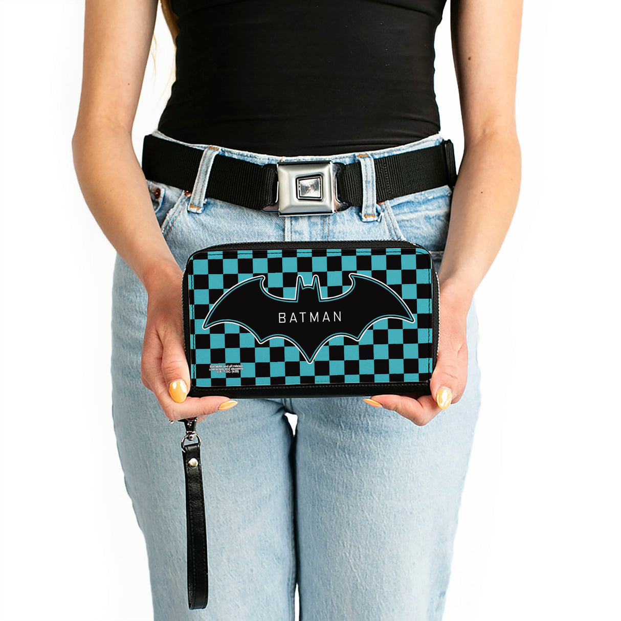 Women's PU Zip Around Wallet Rectangle - BATMAN Bat Logo Close-Up Checker Teal Black