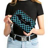 Women's PU Zip Around Wallet Rectangle - BATMAN Bat Logo Close-Up Checker Teal Black