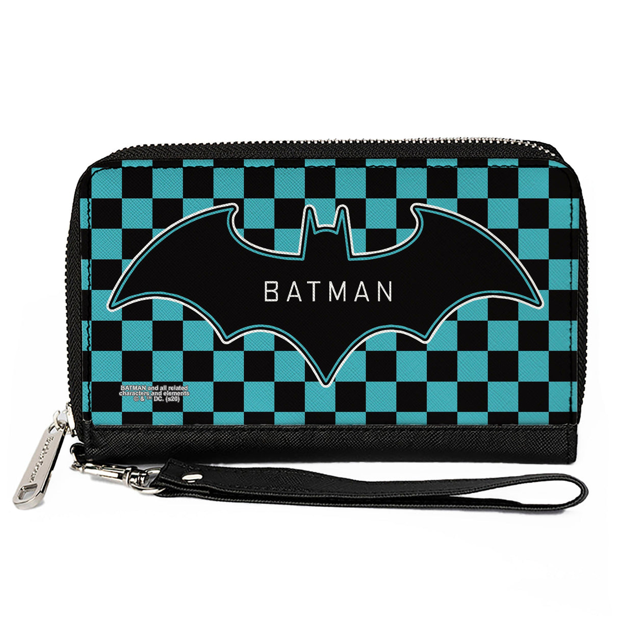 Women's PU Zip Around Wallet Rectangle - BATMAN Bat Logo Close-Up Checker Teal Black