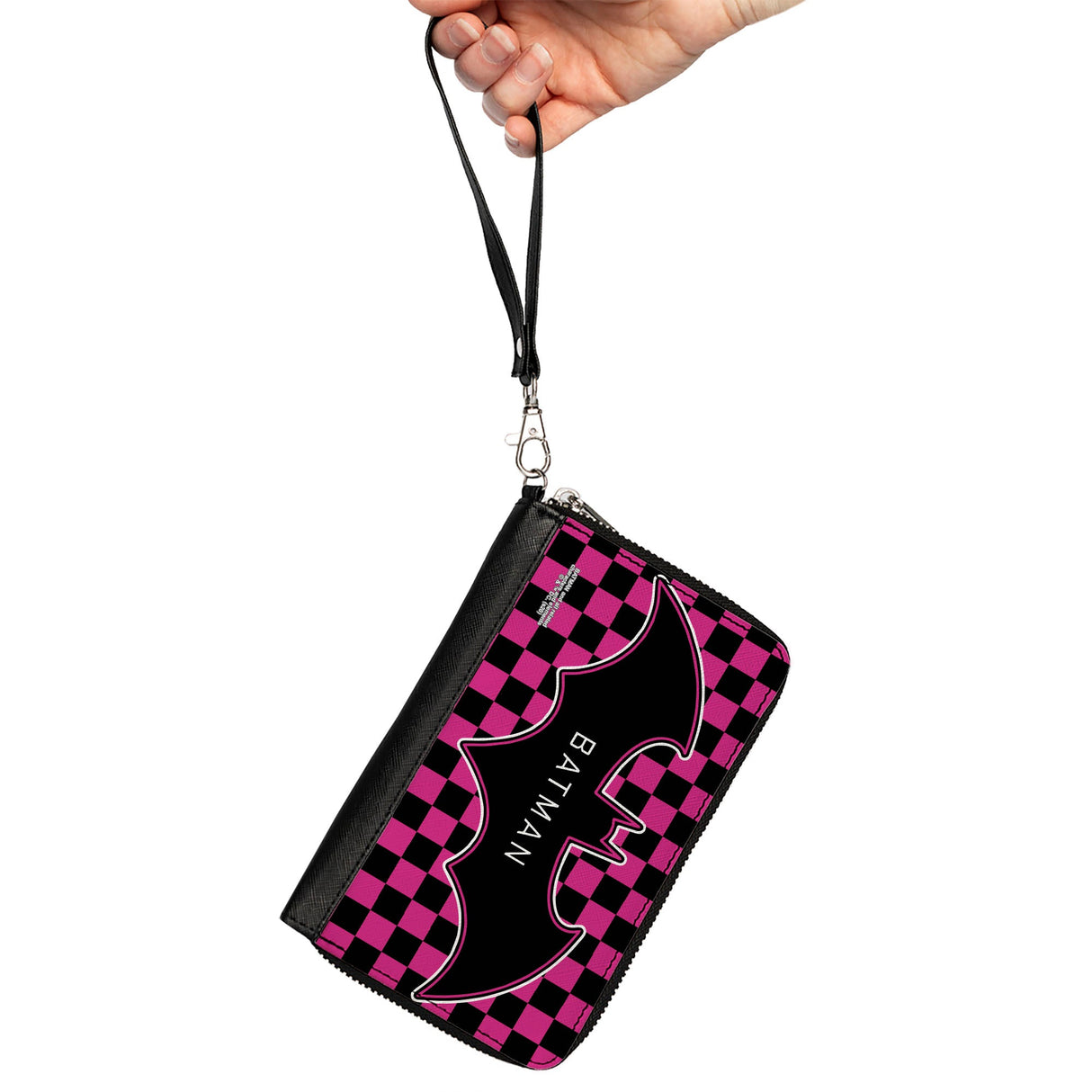 Women's PU Zip Around Wallet Rectangle - BATMAN Bat Logo Close-Up Checker Fuchsia Black