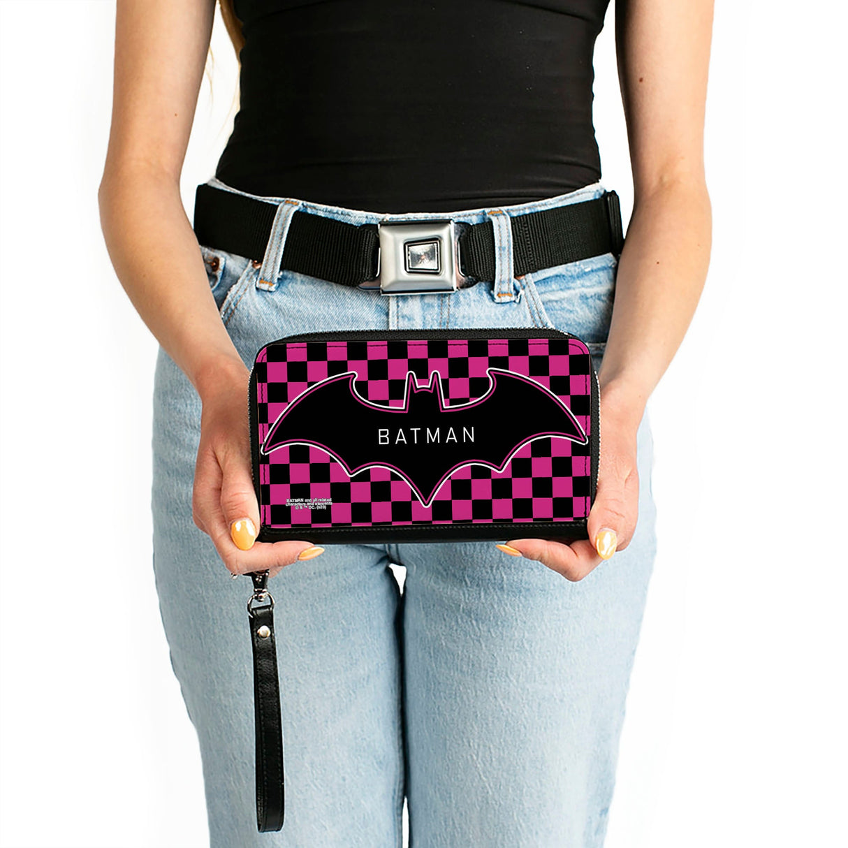 Women's PU Zip Around Wallet Rectangle - BATMAN Bat Logo Close-Up Checker Fuchsia Black