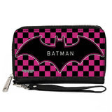 Women's PU Zip Around Wallet Rectangle - BATMAN Bat Logo Close-Up Checker Fuchsia Black