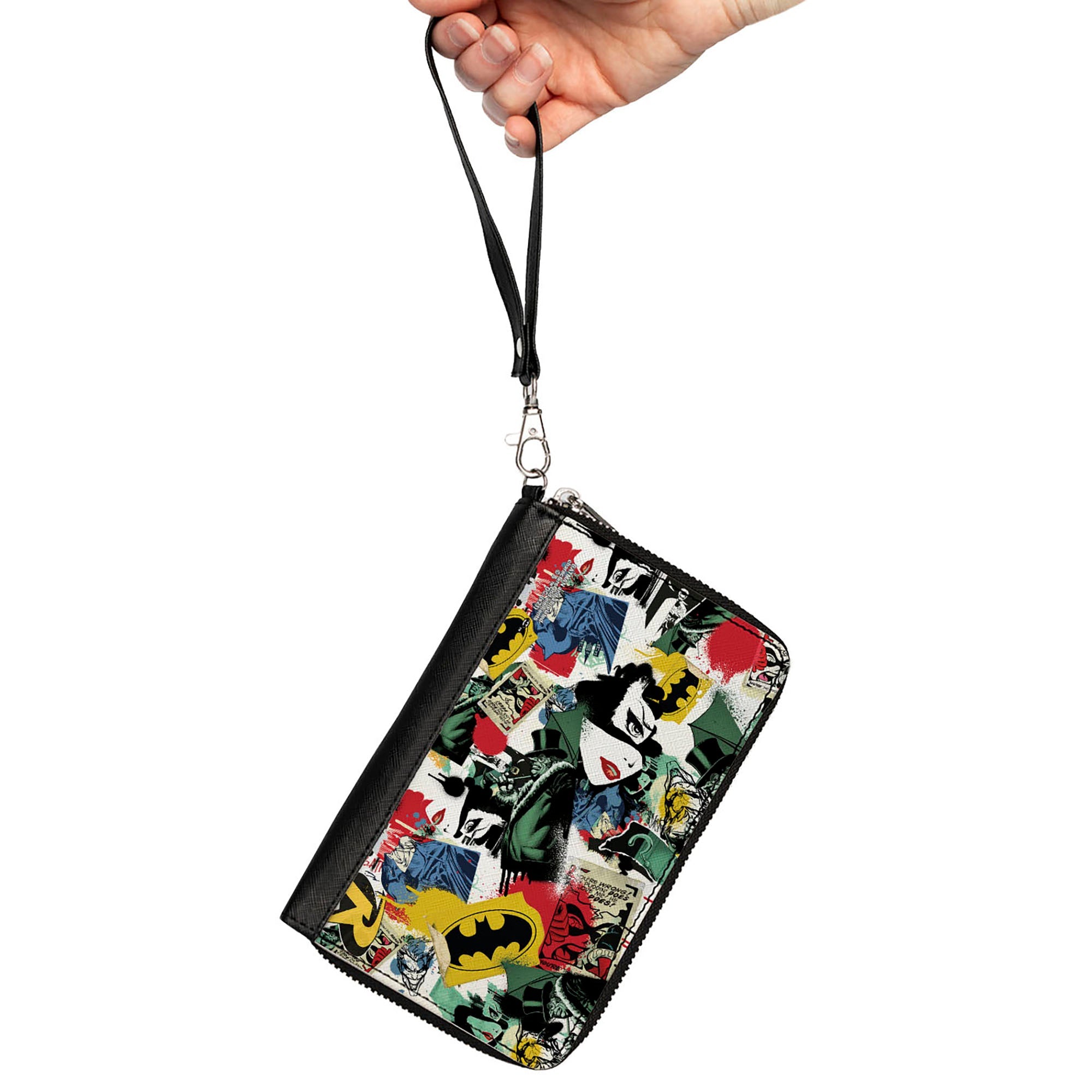 Women's PU Zip Around Wallet Rectangle - Batman and Gotham City Villains Graffiti Collage White Multi Color