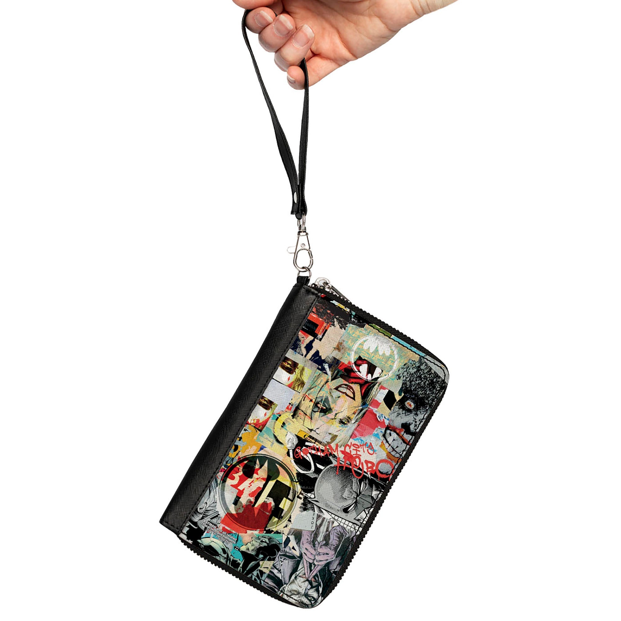 Women's PU Zip Around Wallet Rectangle - Batman and Gotham City Villains Torn Faces Graffiti Collage