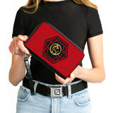 Women's PU Zip Around Wallet Rectangle - Mulan Mushu Cri-kee Lattice Mushu Icons Scattered Reds Black Golds