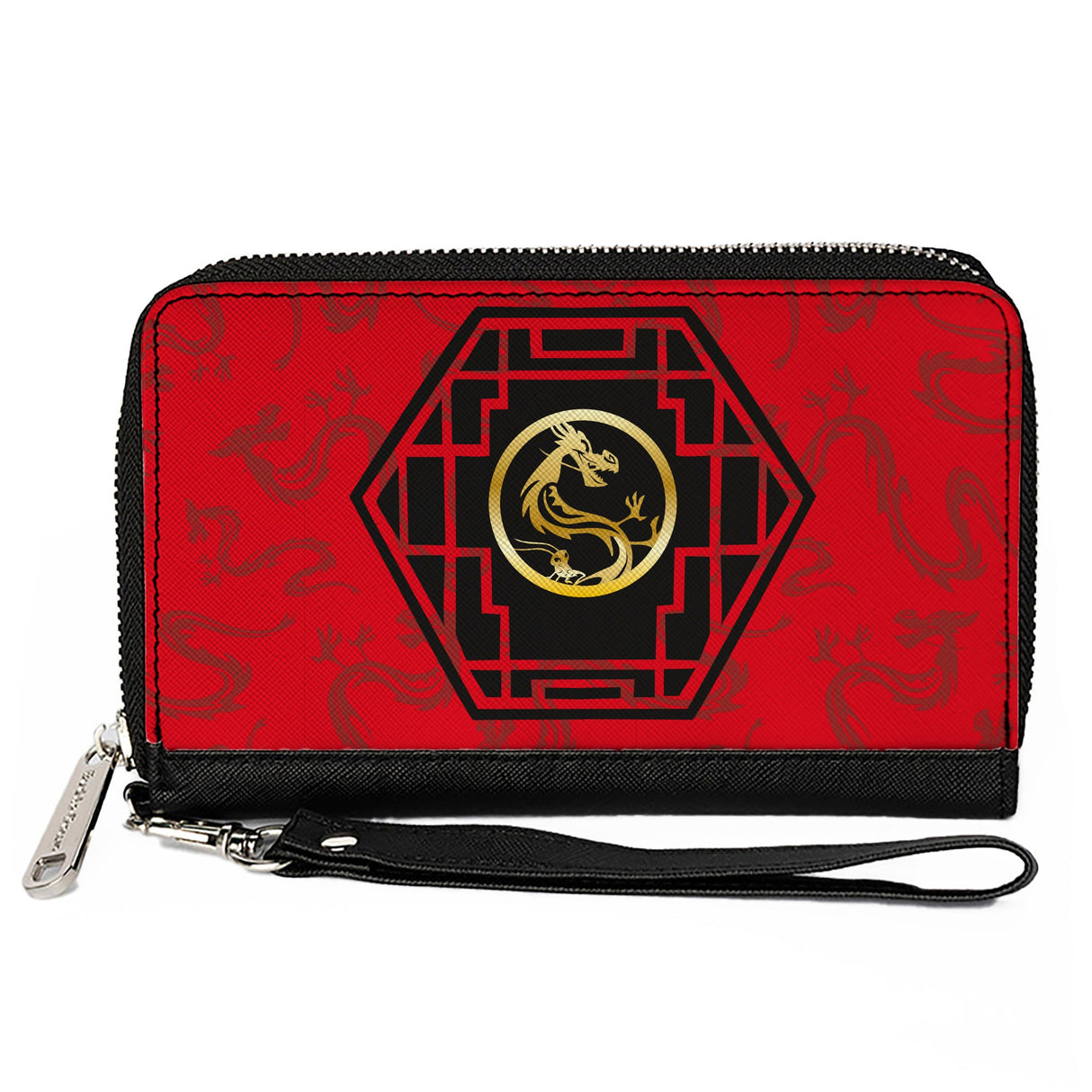 Women's PU Zip Around Wallet Rectangle - Mulan Mushu Cri-kee Lattice Mushu Icons Scattered Reds Black Golds