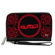 Women's PU Zip Around Wallet Rectangle - Mulan Dragon Icon Lattice Pattern Black Red