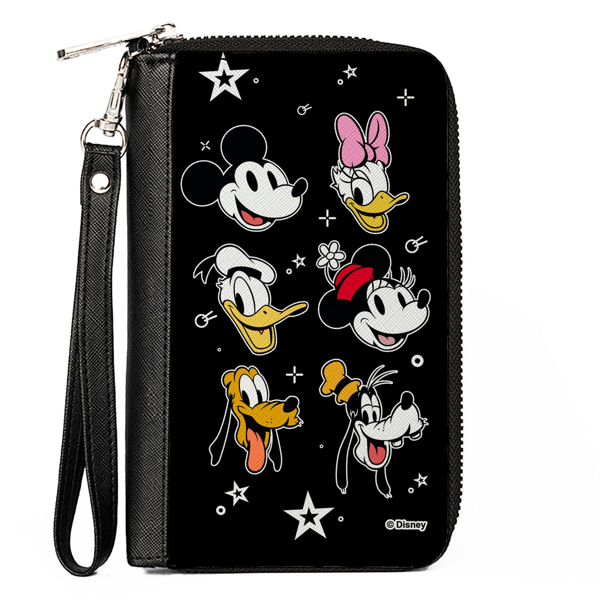 Women's PU Zip Around Wallet Rectangle - Disney The Sensational Six Smiling Faces Stars Black White