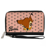 Women's PU Zip Around Wallet Rectangle - BAMBI Face Dots Pink Mauve