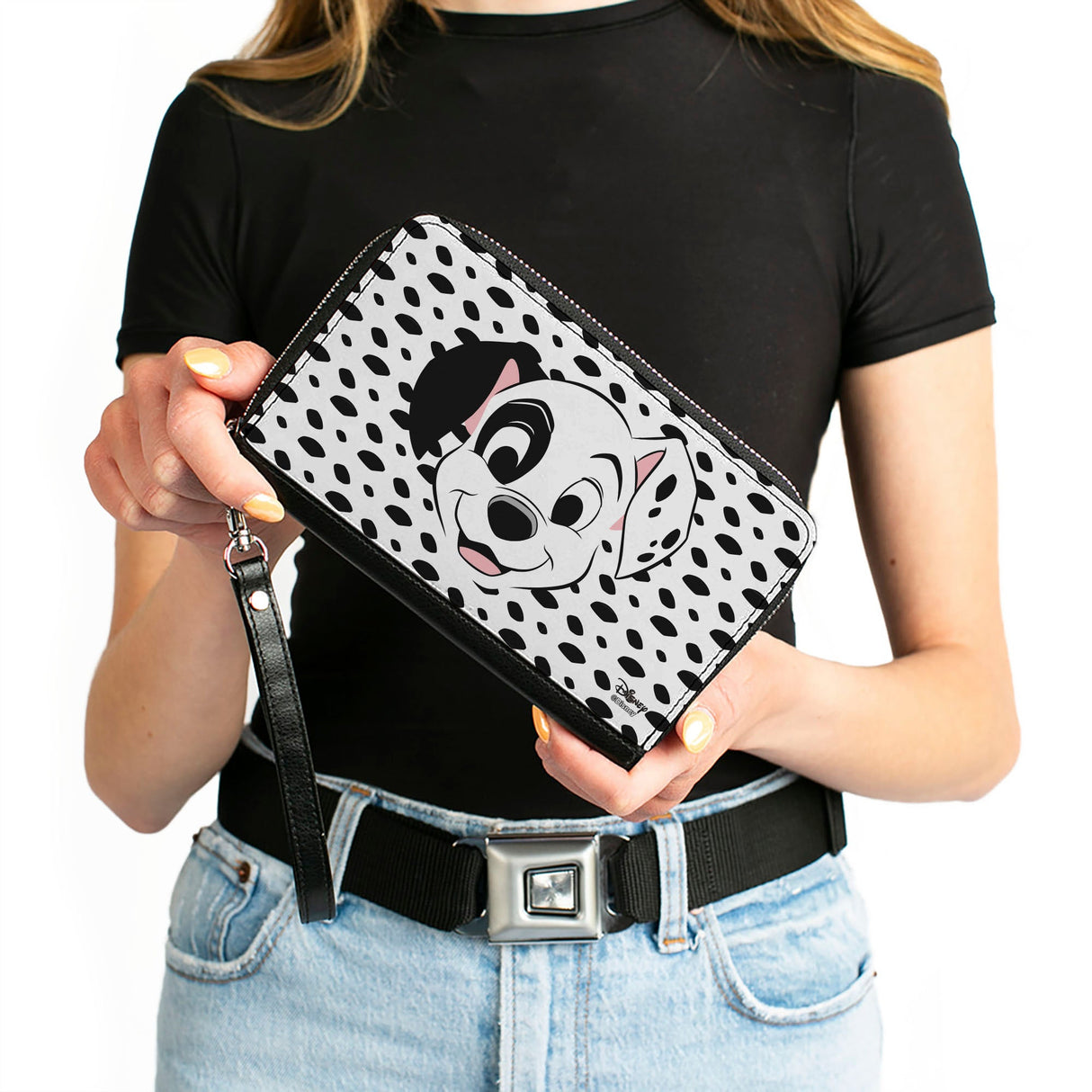 Women's PU Zip Around Wallet Rectangle - 101 Dalmatians Patch Smiling Spots White Black