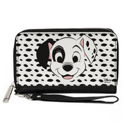 Women's PU Zip Around Wallet Rectangle - 101 Dalmatians Patch Smiling Spots White Black