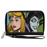 Women's PU Zip Around Wallet Rectangle - Sleeping Beauty Princess Aurora and Maleficent Face Blocks