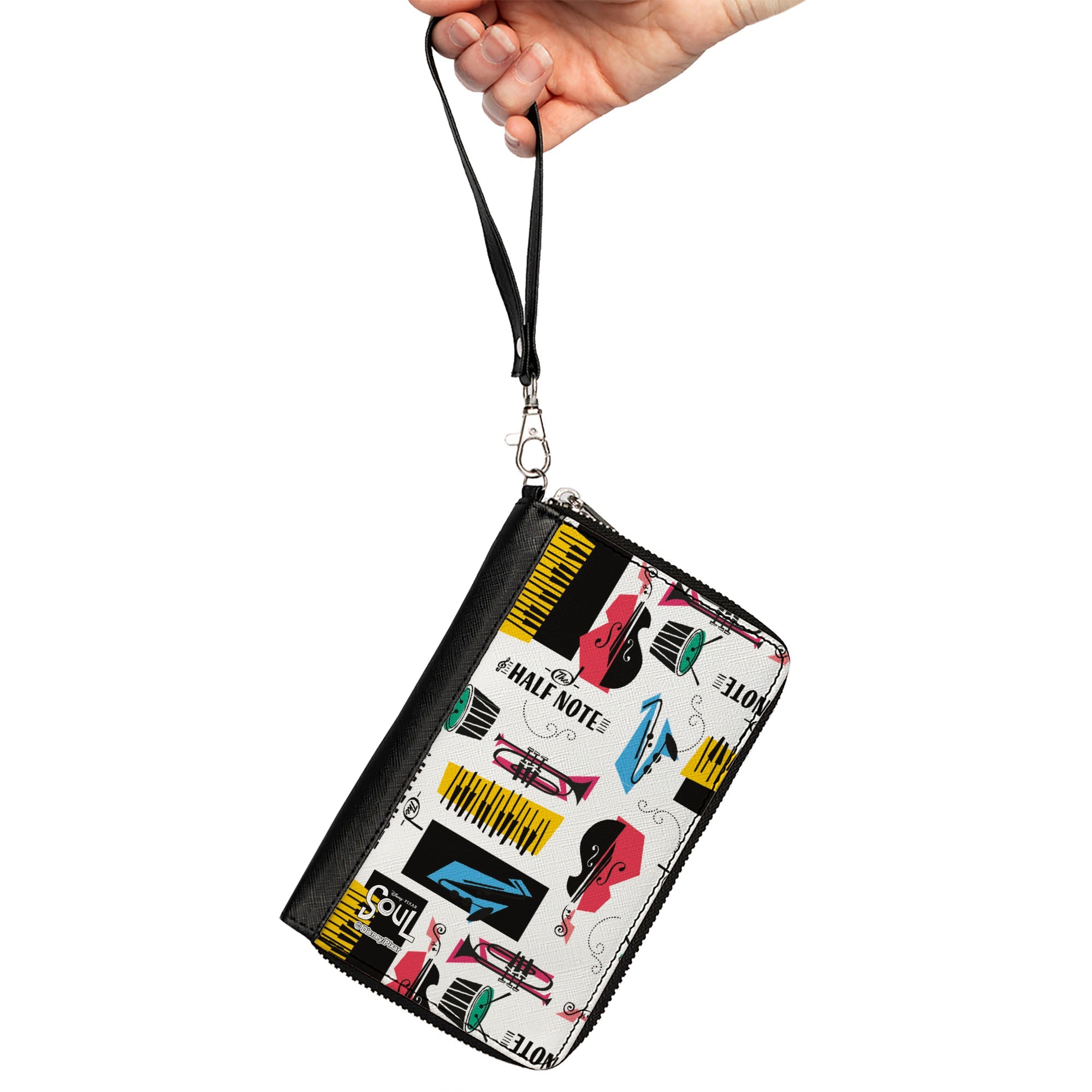 Women's PU Zip Around Wallet Rectangle - Soul THE HALF NOTE Instrument Collage White Black Multi Color