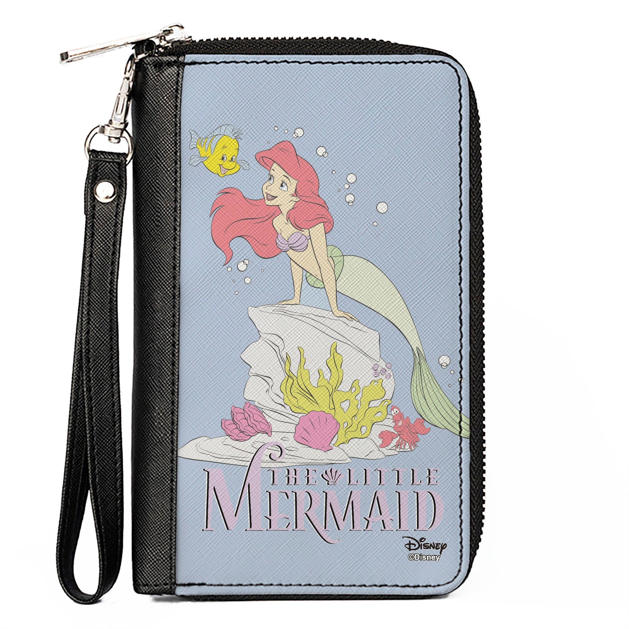 Women's PU Zip Around Wallet Rectangle - THE LITTLE MERMAID Flounder and Ariel Pose Blue