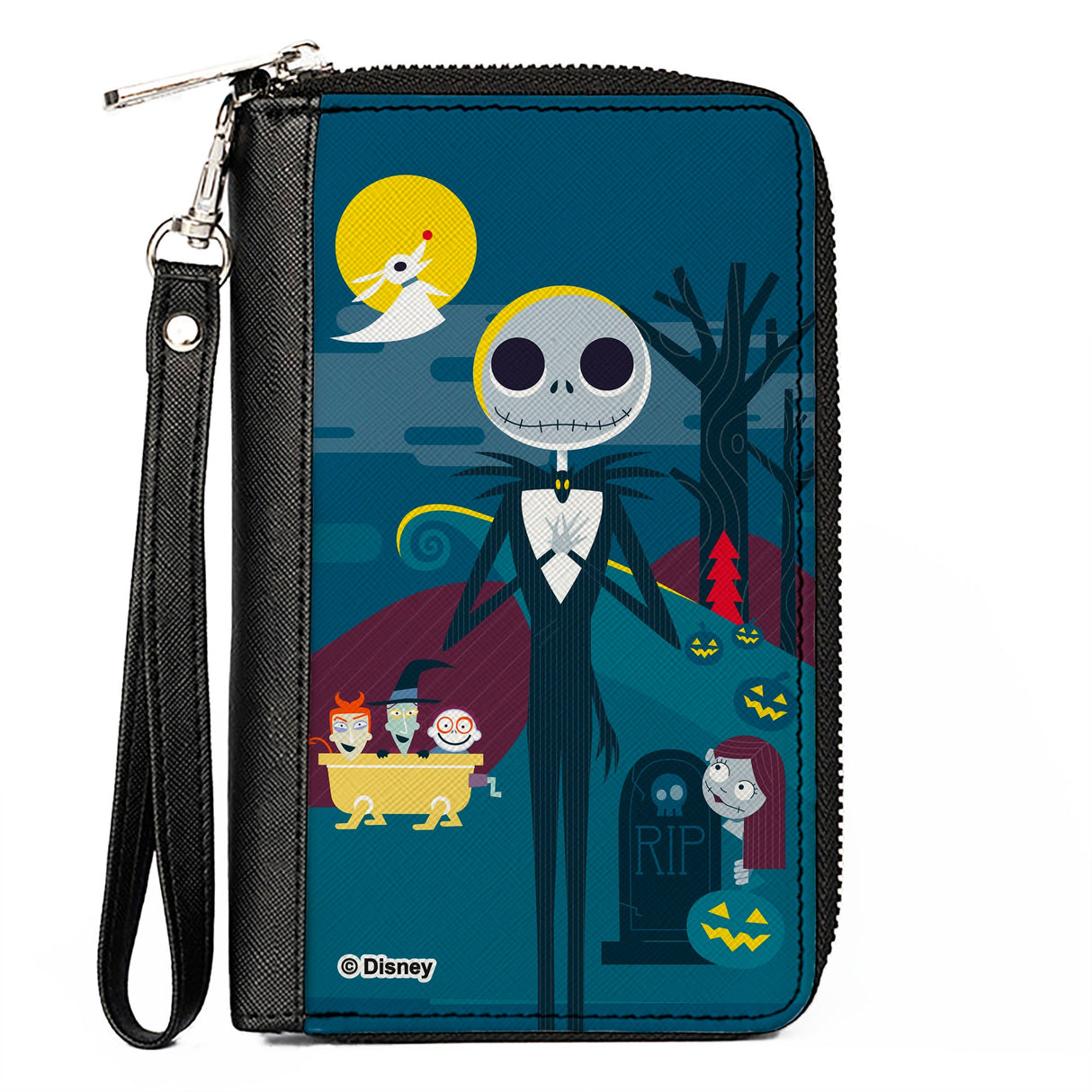 Women's PU Zip Around Wallet Rectangle - Nightmare Before Christmas Stylized Jack Cemetery Scene Blues