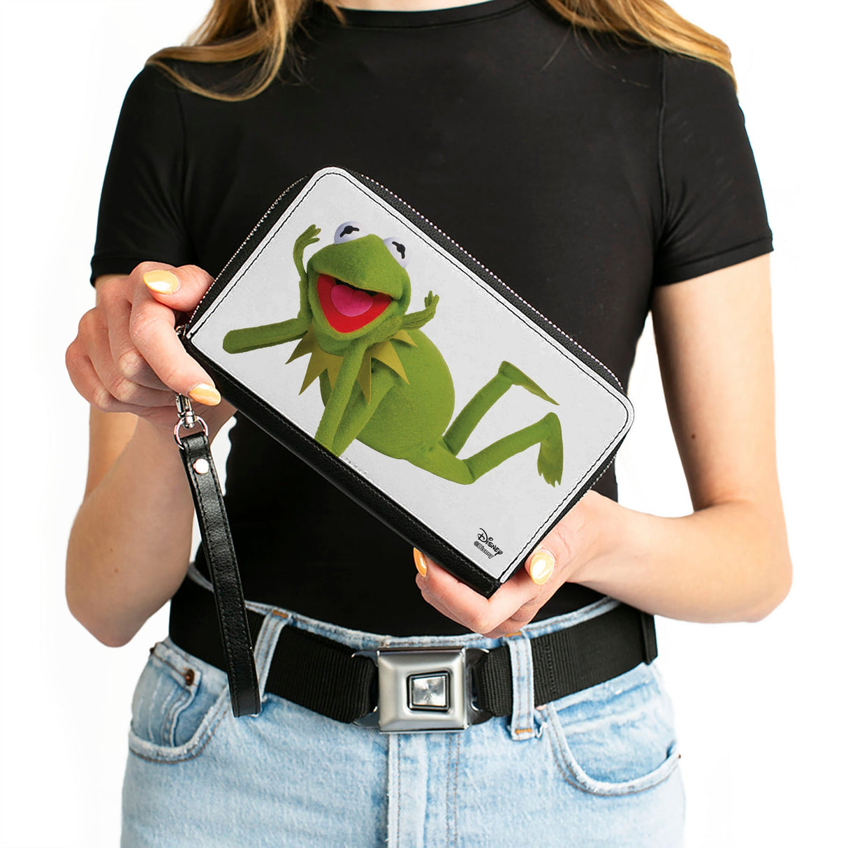 Women's PU Zip Around Wallet Rectangle - Muppets Kermit the Frog Lying Down Pose White