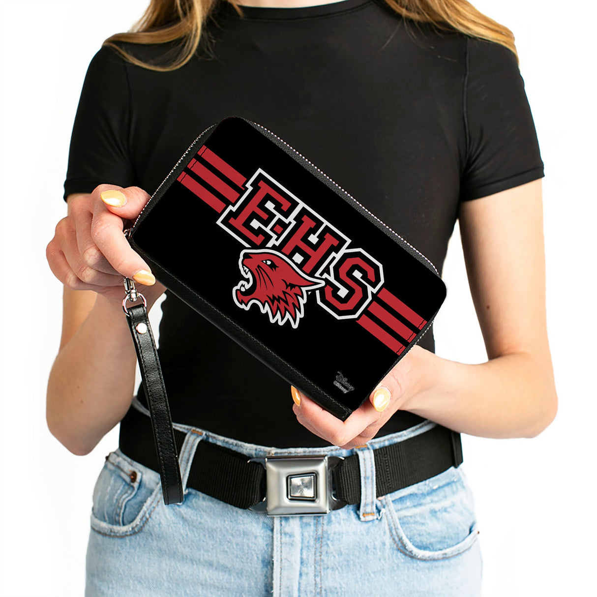 Women's PU Zip Around Wallet Rectangle - High School Musical East High School Wildcats Logo Stripe Black Red White