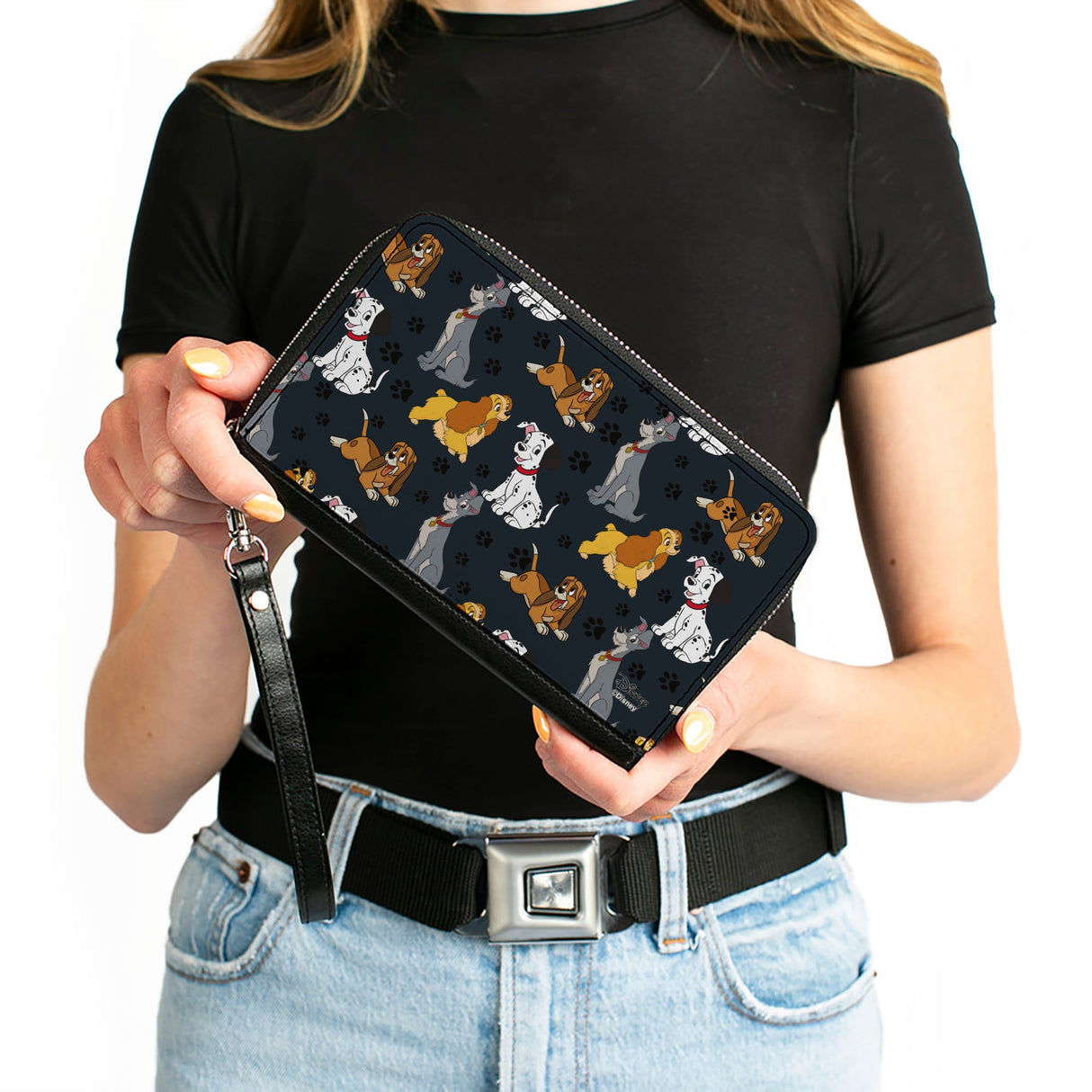 Women's PU Zip Around Wallet Rectangle - Disney Dogs 4-Dog Group Collage Paws Gray Black