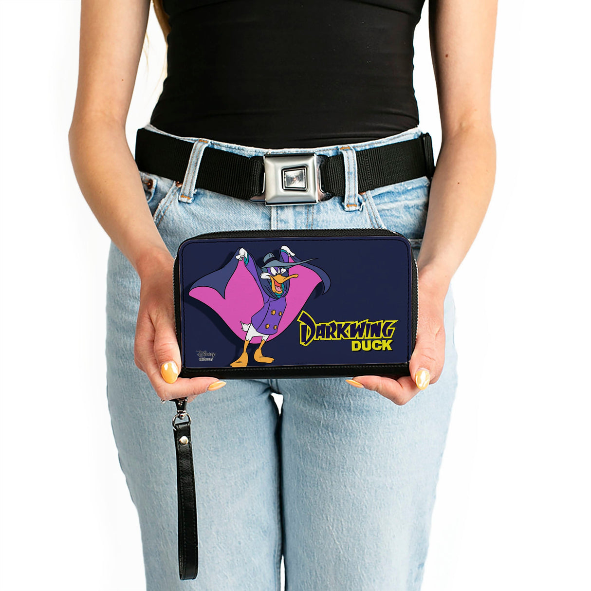 Women's PU Zip Around Wallet Rectangle - DARKWING DUCK Cape Pose Navy Yellow