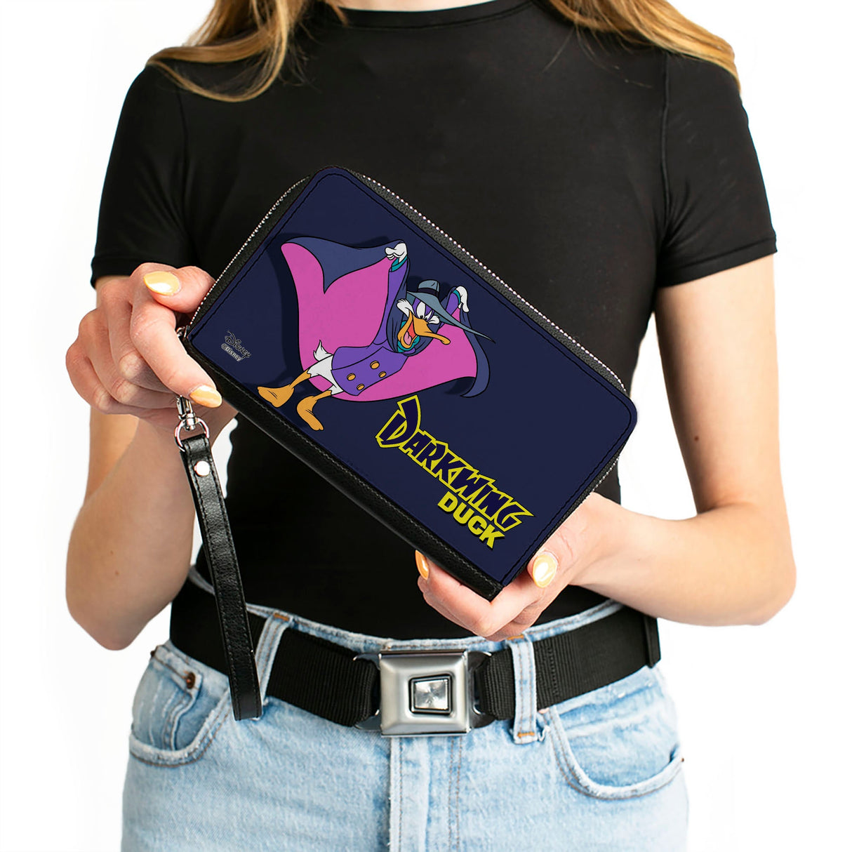 Women's PU Zip Around Wallet Rectangle - DARKWING DUCK Cape Pose Navy Yellow