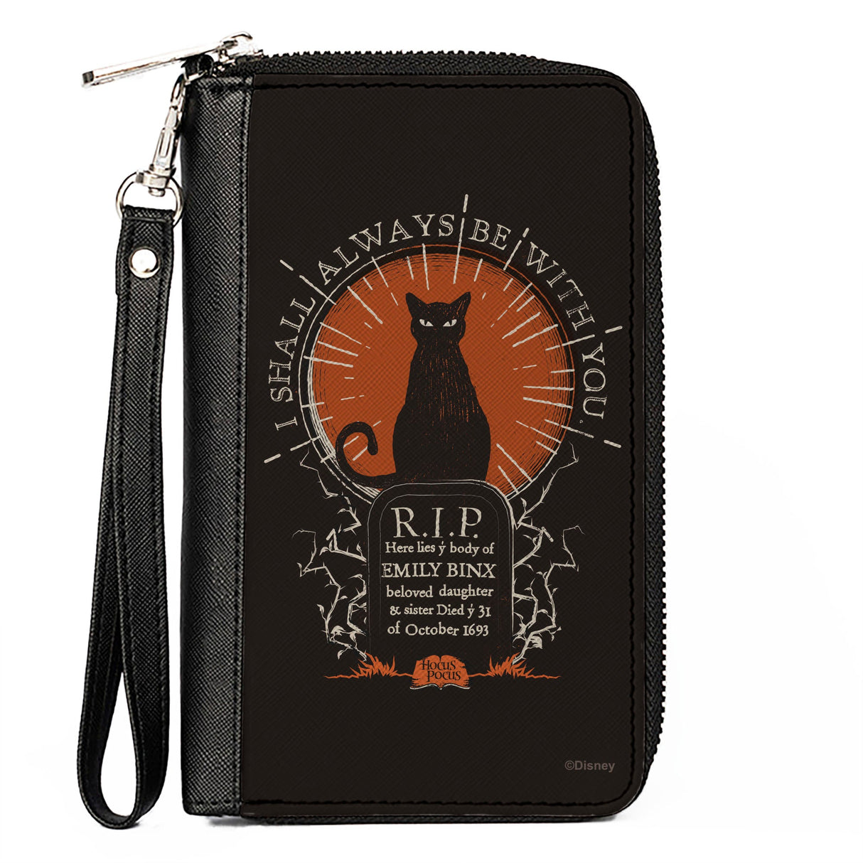 Women's PU Zip Around Wallet Rectangle - HOCUS POCUS Emily Binx I SHALL ALWAYS BE WITH YOU Black White Orange